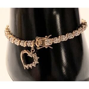 925 Sterling Silver Gold Tone Tennis Bracelet Heart Charm 7.5 inch
